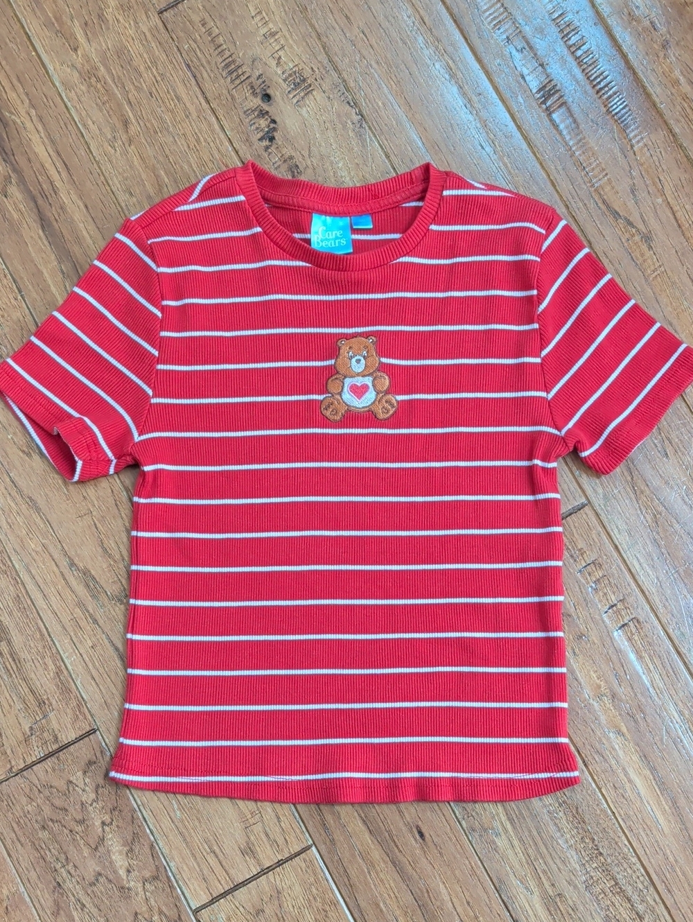 Care Bears Tenderheart Red White Striped Babydoll Ribbed Tee with Bear Patch Y2K